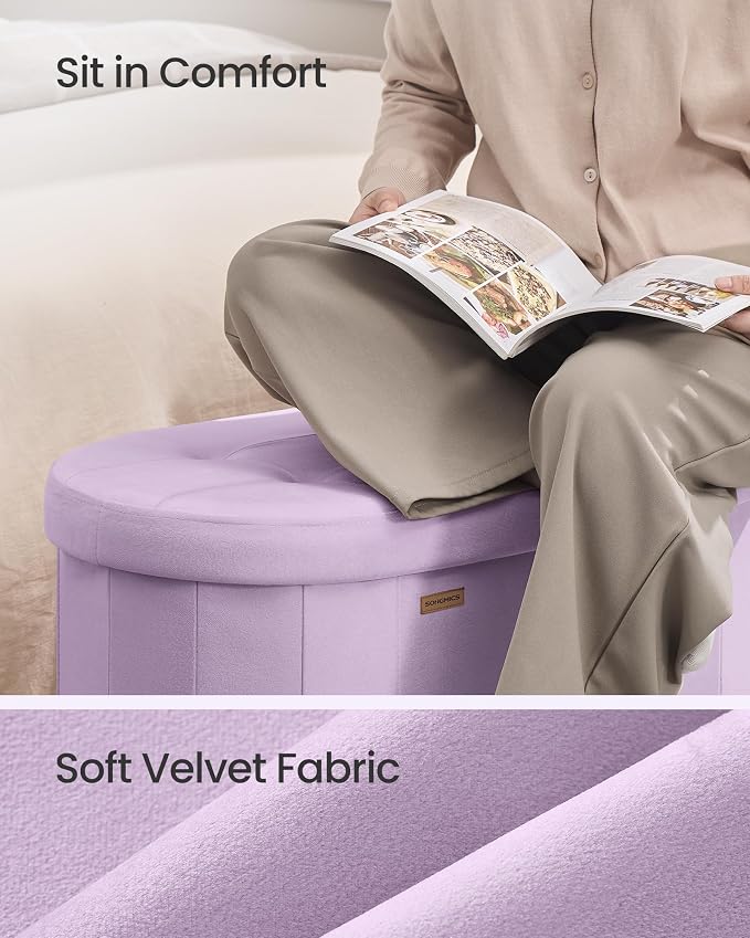 SONGMICS MINOTA Collection - Folding Ottoman with Storage, Oval Storage Ottoman Bench, for Living Room, Bedroom, Velvet Fabric, 15 x 43.3 x 15 Inches, Hibiscus Purple ULSF297PE01