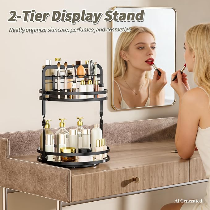 360 Rotating Makeup Organizer,Perfume Organizer, Bathroom Counter Organizer | 2-Tier Large Capacity Gold Vanity Organizer for Dresser,Perfume Shelf with Makeup Brush Holder Stores Skincare and Cosmetics