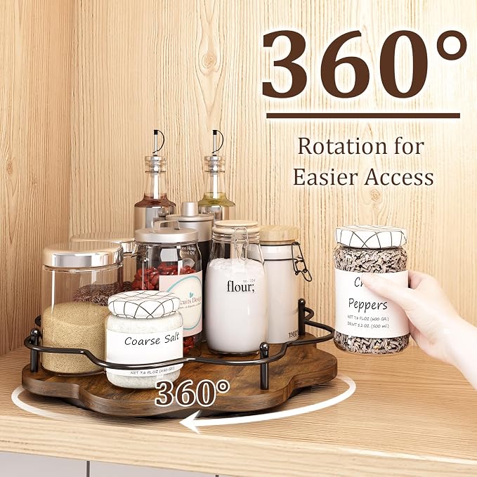 12" Lazy Susan Turntable Organizer,Round Wooden Lazy Susan Organization and Rotating Spice Rack for Dining Table,Pantry,Kitchen Countertop,Vanity,Cupboard and More.Vintage Wood(Petal Shape)