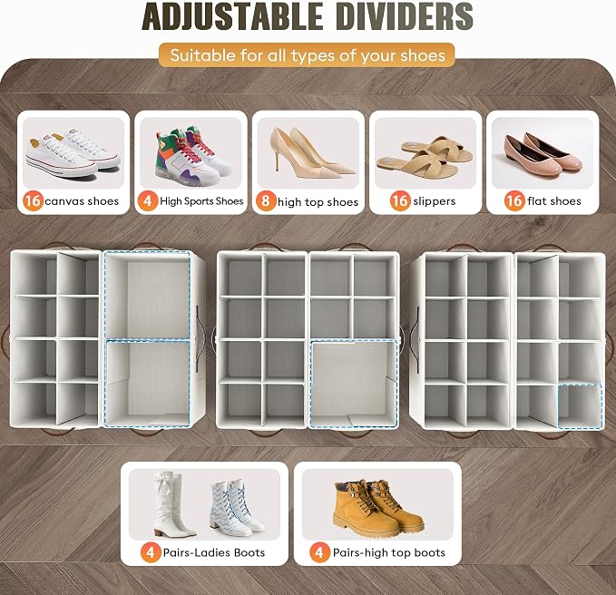 2 Pack Shoe Organizer for Closet, Foldable Shoe Storage with Adjustable | Farbic shoe storage organizer box bin with clear cover, fits up to 16 pairs, shoe storage box for closet, entryway, beige