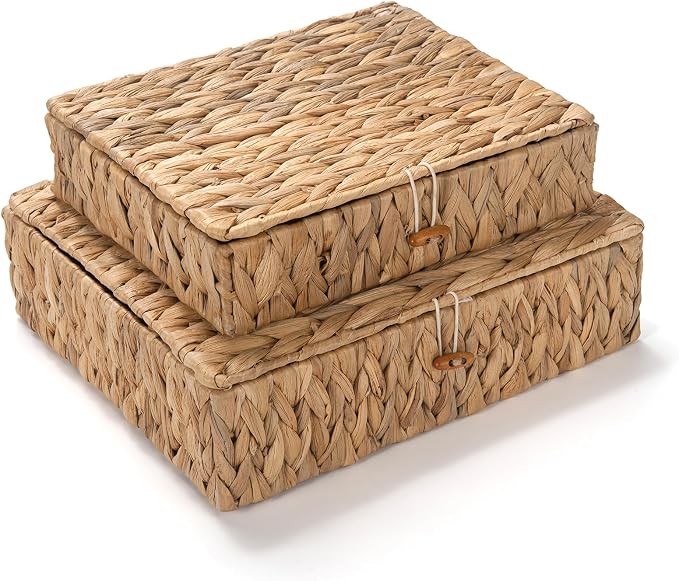 Wicker Storage Basket with Lid, Flat Water Hyacinth Baskets, Shallow Woven Basket for Shlef, Decorative Storage Boxes for Organizing