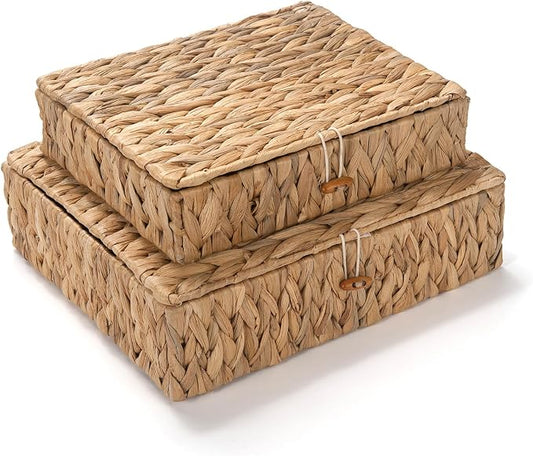 Wicker Storage Basket with Lid, Flat Water Hyacinth Baskets, Shallow Woven Basket for Shlef, Decorative Storage Boxes for Organizing