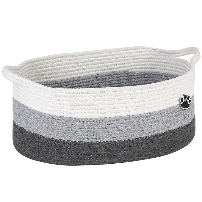 Optish Dog Toy Basket, 30L Toy Box and Bin for Dog Cat Storage, 19.7" X 11" X 7.9" Large Woven Rope Basket for Blankets, Living Room, Bedroom, White & Grey