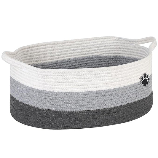 Optish Dog Toy Basket, 30L Toy Box and Bin for Dog Cat Storage, 19.7" X 11" X 7.9" Large Woven Rope Basket for Blankets, Living Room, Bedroom, White & Grey