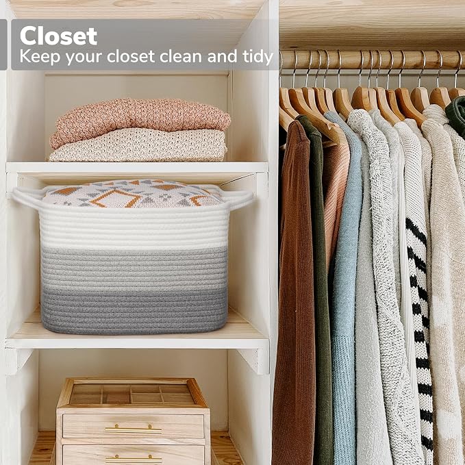 Goodpick Cotton Rope Closet Storage Bin, 13" x 10" x 9", Gradient Gray | Rectangle Gift Basket for Books, Towels & Toys Storage, Bedroom & Shelf Organization, Built-In Handles, Modern Home Decor