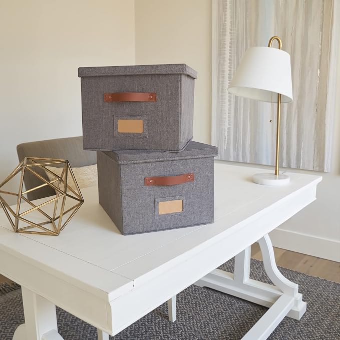 Decorative File Organizer Box Set of 2 - Collapsible Linen Filing Cabinets | Stores Documents and Hanging File Folders - Portable Office Crates with Lid and Handles for Easy Slide Access