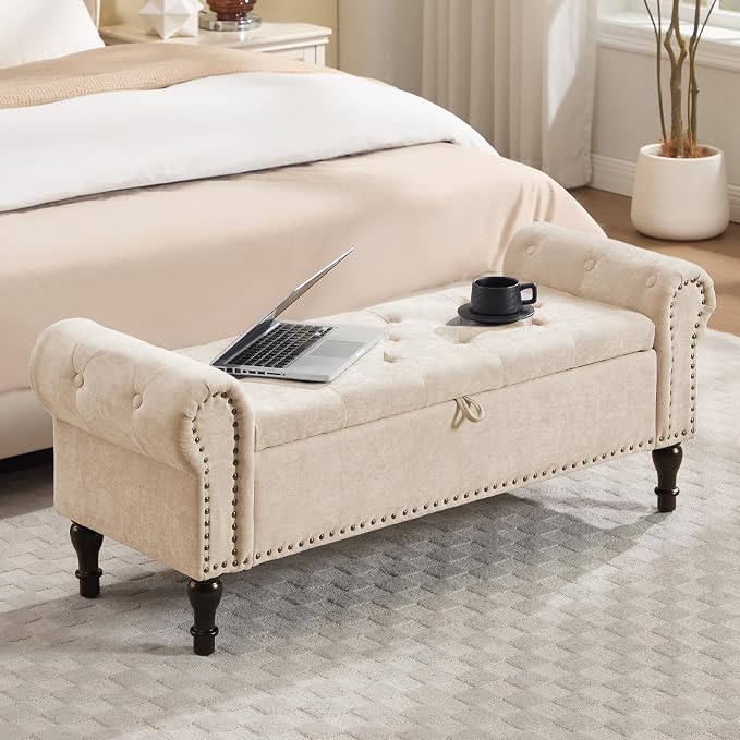 51" Storage Bench for Bedroom, Chenille End of Bed Bench, Queen Size Bench with Rolled Arms, Tufted Storage Ottoman Benches, Upholstered Bench for Bedroom, Living Room, Entryway, Camel