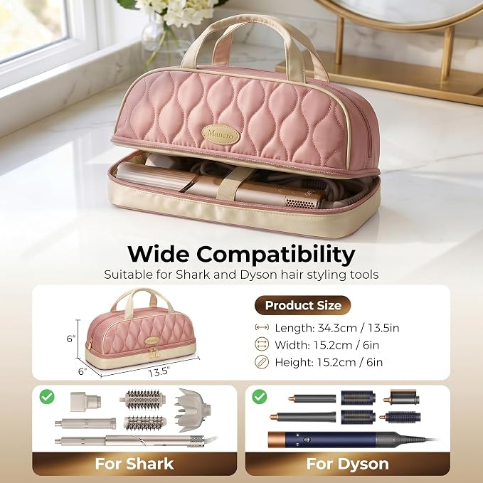 Mancro Carrying Case for Shark FlexStyle, Quilted Hair Tools Travel Bag | with Heat-Resistant Mat, Travel Case for Dyson Airwrap & Shark FlexFusion, Hair Dryer Organizer for Women, Pink