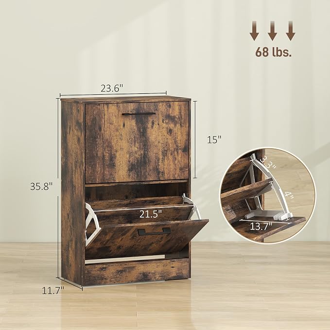 HOMCOM Shoe Cabinet with 2 Flip Drawers, up to 12 Pairs, Rustic Brown | Narrow Storage Cabinet, Adjustable Dividers, Entryway Shoe Storage Unit, for Hallway