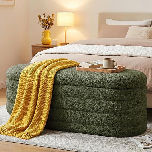 Storage Ottoman Bench, 45'' Upholstered Boucle Ottoman with Storage, Aesthetic End of Bed Bench for Bedroom Living Room Entryway, Green