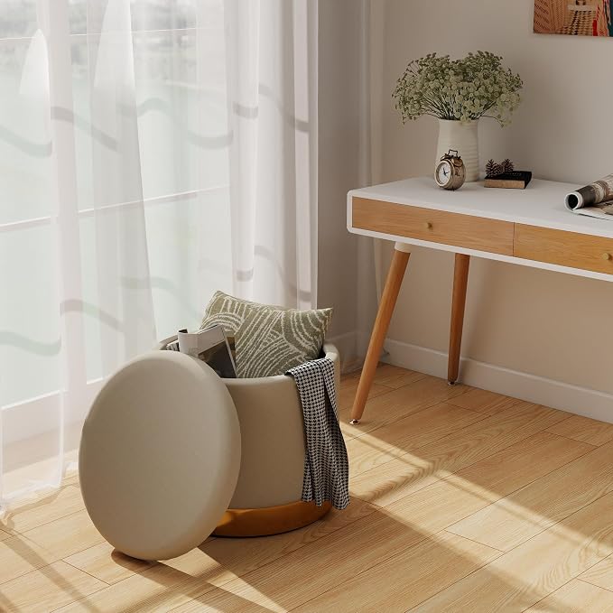 KROFEM Round Boucle Storage Ottoman 19.5" x 17.7",Foot Stool with Reversible Tray Lid for Living Room and Bedroom,Beige