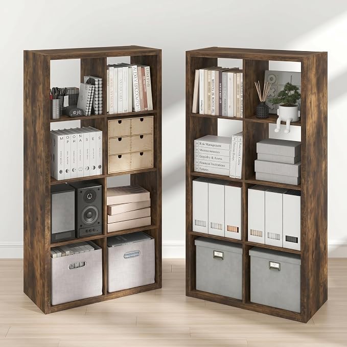 Furinno Cubicle Book Shelf Set of 2, 8-Cube Bookshelf, Amber Pine | 14.6 x 30 x 57.9, Thick Frame, Horizontal & Vertical Reversible Bookcase, Open Back, for Living Room, Bedroom, Home Office