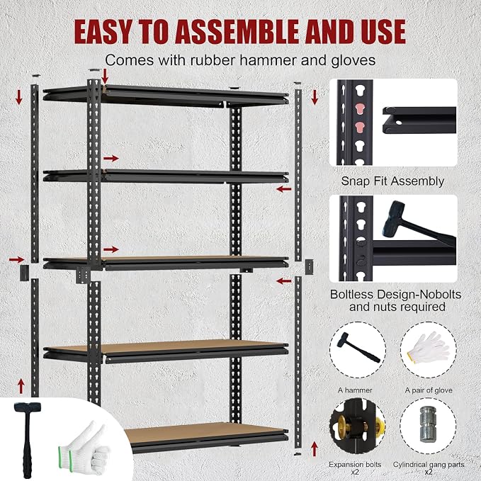 72" H Heavy Duty Garage Shelving, 2400LBS Capacity 5-Tier Storage Shelves,Adjustable Industrial Metal Garage Shelves for Basement Pantry Kitchen Warehouse, 16" D x 36" Wx72 H,Black