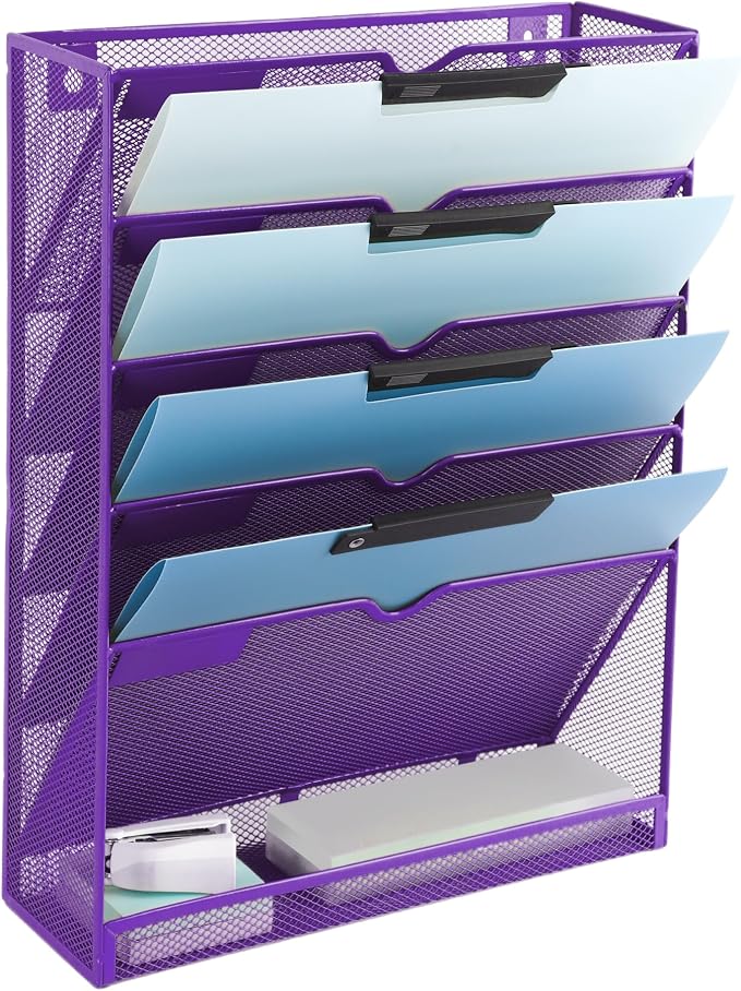 EASEPRES 6 Tier Mesh Hanging Wall File Organizer, Desk Vertical Mail Paper Document Folder Holder Rack with Bottom Tray and Nametag Label for Office Home School, Purple