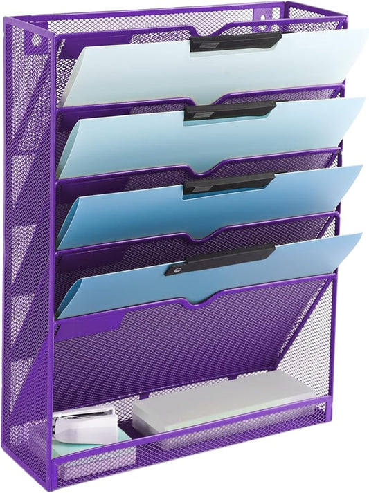 EASEPRES 6 Tier Mesh Hanging Wall File Organizer, Desk Vertical Mail Paper Document Folder Holder Rack with Bottom Tray and Nametag Label for Office Home School, Purple