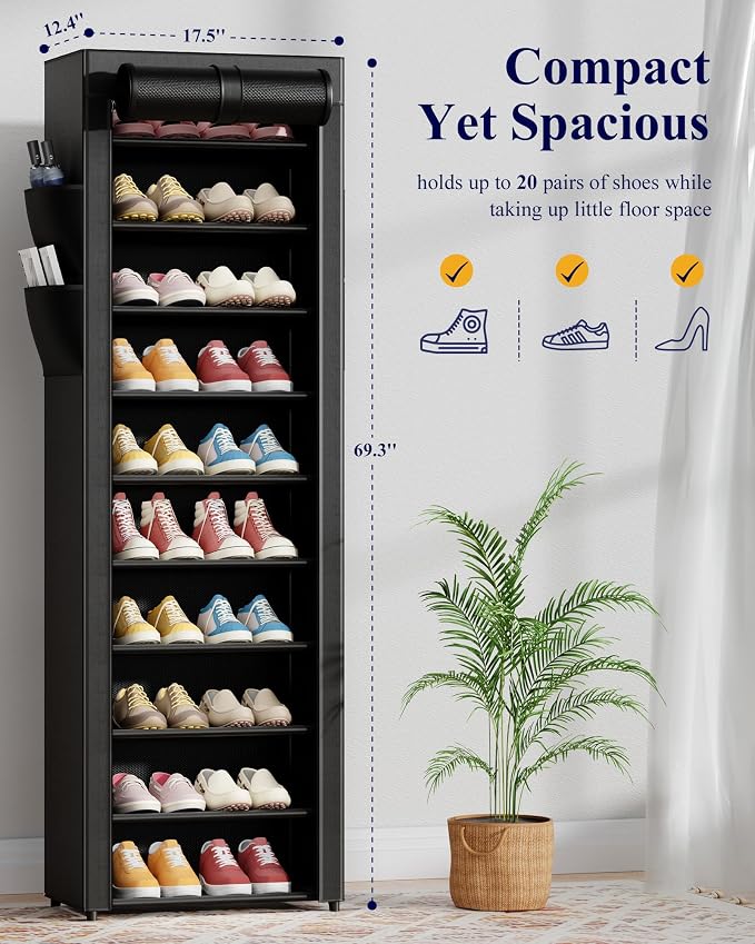 Kitsure 10-Tier Shoe Rack with Cover, Vertical Shelf, 17.5" Wide, Black | Space Saving Shoe Storage with Side Pocket, Shoe Organizer for Closet, Entryway, Bedroom, Zapateras Organizer