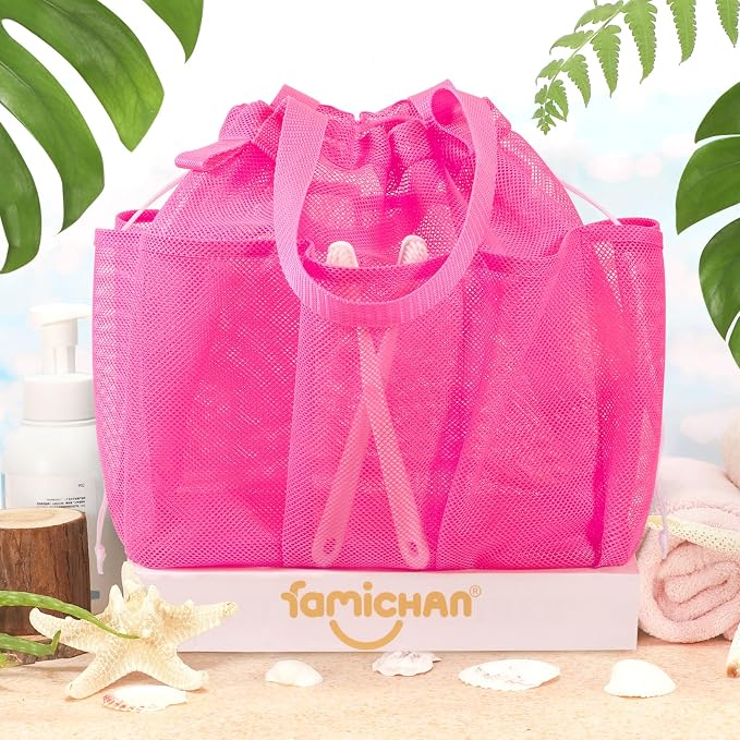 famichan Mesh Portable Shower Caddy with Drawstring, Girls Dorm Room Essentials