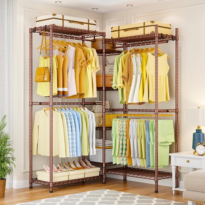 Ulif E4 Clothes Rack, Heavy-Duty Garment Rack Can Be L-Shaped Closet System | Bronze Metal Freestanding Clothing Organizer Storage System with Shelves and Hangers, Load 962lbs, 71.6"W x 14.5"D x 79.3"H