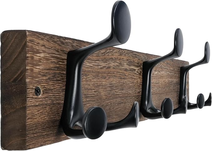 WEBI Coat Rack Wall Mount,17" Solid Wood Coat Hooks Wall Mounted Coat Hanger,16" Hole to Hole,Heavy Duty Hook Rack Rail,3 Triple Hooks for Hanging Coats,Jacket,Clothes,Hat,Backpack,Weathered Brown
