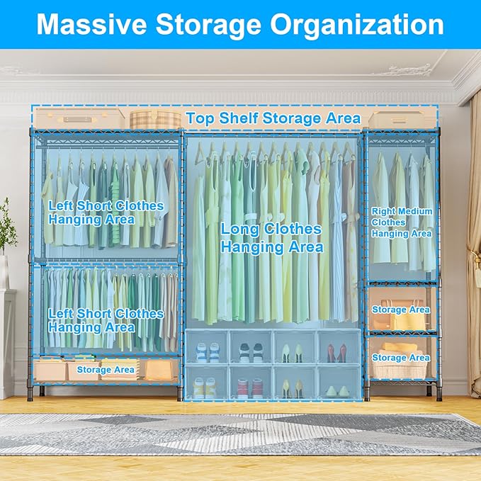 Ulif E10 Clothes Rack（With Stretchable Hanger Rod）Freestanding Clothing Racks for Hanging Clothes，Adjustable Closet Organizer System，Portable Garment Rack 73-97" W x 15" D x 72" H，Max Load 800LBS，Grey