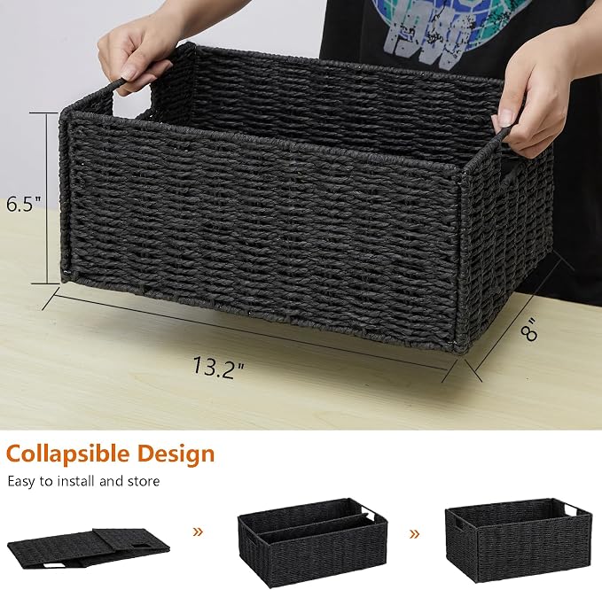 Vagusicc Wicker Storage Basket, Set of 2 Hand-Woven Paper Rope Wicker Basket, Small Storage Baskets for Organizing Toilet Paper Baskets, Foldable Large Cube Storage Organizer Bin for Shelves (Black)