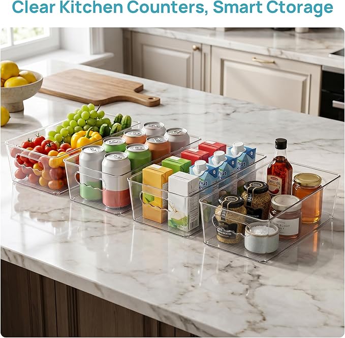 Vtopmart 4pcs Clear Storage Bins with Handles | BPA-free Plastic Storage Containers, Easy to Move, For Fridge Freezer, Pantry Cabinet Kitchen Organization, Built to Last