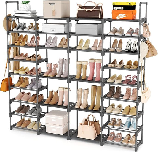 ROJASOP Large Shoe Rack Organizer for Entryway Closet 64-68 Pairs 9-Tier Heavy Duty Tall Garage Shoe Rack Shoe Shelf Shoes Storage with 18 Pcs Removable Side Hooks for Bedroom and Garage Grey