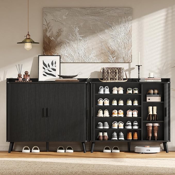 Shoe Cabinet with Sliding Door, 5-Tier Hidden Shoe Rack with Adjustable Shelves, Wooden Shoe Storage Organizer with Open Bottom Space, Freestanding Shoe Shelf for Entryway Hallway Apartment, (Black)