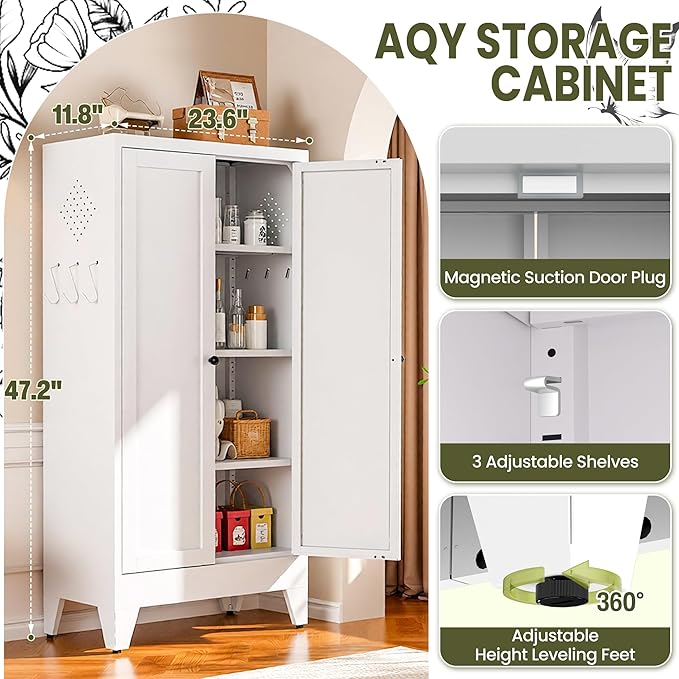 AQY Metal Pantry Cabinet, White Kitchen Storage Cabinet with Doors | Adjustable Shelves Freestanding Storage Metal Cabinet Kitchen, Dining & Bathroom Organization