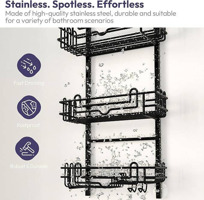 SWTYMIKI Shower Caddy Hanging Organizer - 3-Tier Rustproof Shower Organizer Over Showerhead with Adjustable Baskets, 24 Hooks, Soap & Razor Holder - No Drill Large Bathroom Storage Rack, Black
