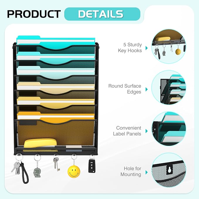 Delifox 7 Tier Hanging Wall File Holder Wall Mount Paper Folder Organizer