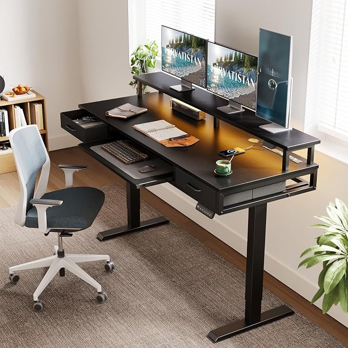 AODK 63 Inch Electric Standing Desk with Drawers & Keyboard Tray, Black | 3 Outlets & 2 USB Ports, 20-Mode LED Lights, Monitor Stand, Cable Management Tray, 3 Memory Heights, 29.9"-46.1" in Range