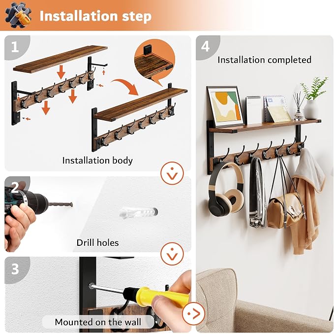 Oraich Wall Hooks with Shelf, 28.7 Inch Coat Rack Wall Mount with Hook for Coat Backpack Key Clothes Hanger, Wall Floating Shelf Hanging in Entryway, Living Room, Bathroom, Bedroom, Kitchen
