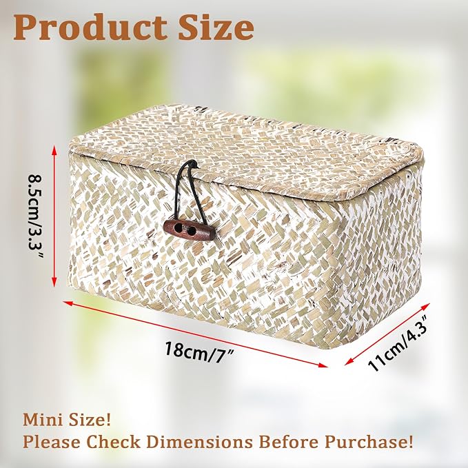 Handwoven Seagrass Basket Small Wicker Basket with Lid,7x4.3x 3.3" | Natural Decorative Box for Shelf, Multipurpose Desktop Organizer Bin for Key & Remote Control, Whitewash