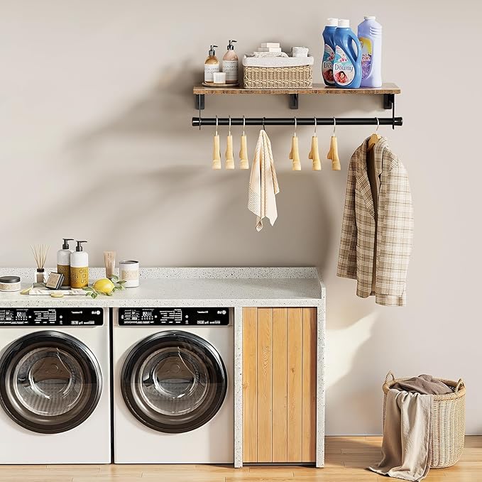 Luxspire 28.7" Wall Mount Clothes Rack with Wood Top Shelf Hanging Clothes | Black + brown, heavy duty rust-resistant metal, extra top shelf decor storage, easy install on wood brick walls