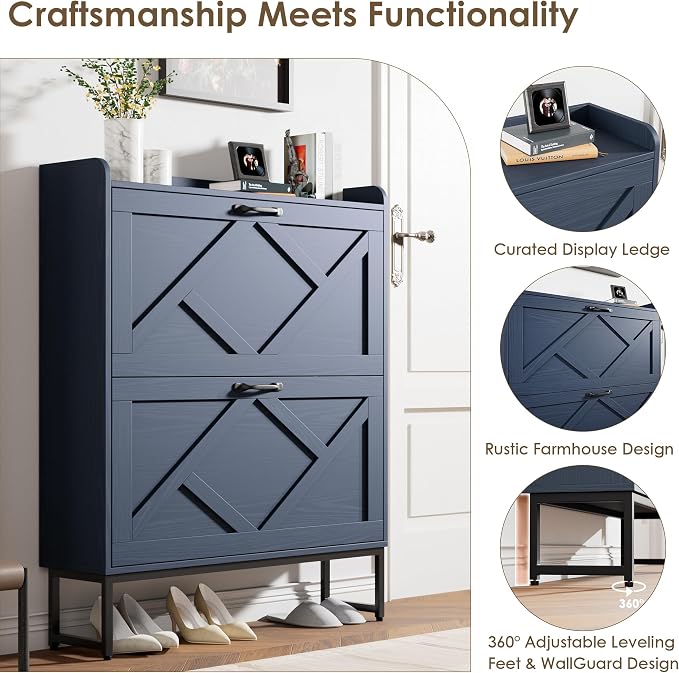 Nicetree Shoe Storage Cabinet, Shoe Cabinet with 2 Flip Drawers, Narrow Shoe Rack Cabinet, Farmhouse Slim Shoe Cabinet Storage for Entryway,Blue