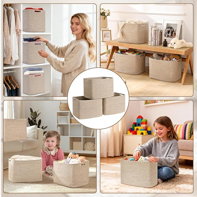3 Pack Cube Storage Bin, 17”x12”x12” Cotton Rope Woven Baskets for Organizing Toys Clothes Towels, Square Gift Storage Baskets for Shelves, Nursery, Closet, Bathroom, Pantry (Jute)
