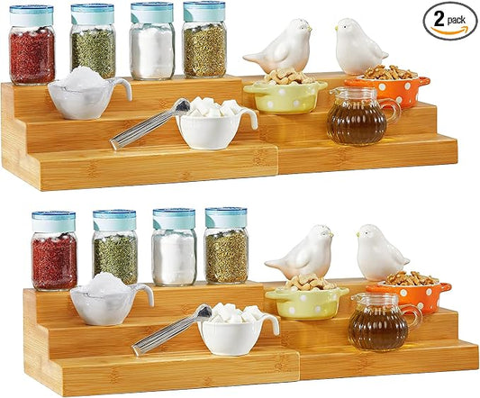Bamboo Expandable Spice Rack Organizer, 3-Tier Adjustable Kitchen Cabinet | Countertop Display Shelf, Space Organizer for Kitchen and Bathroom (Pack of 2)
