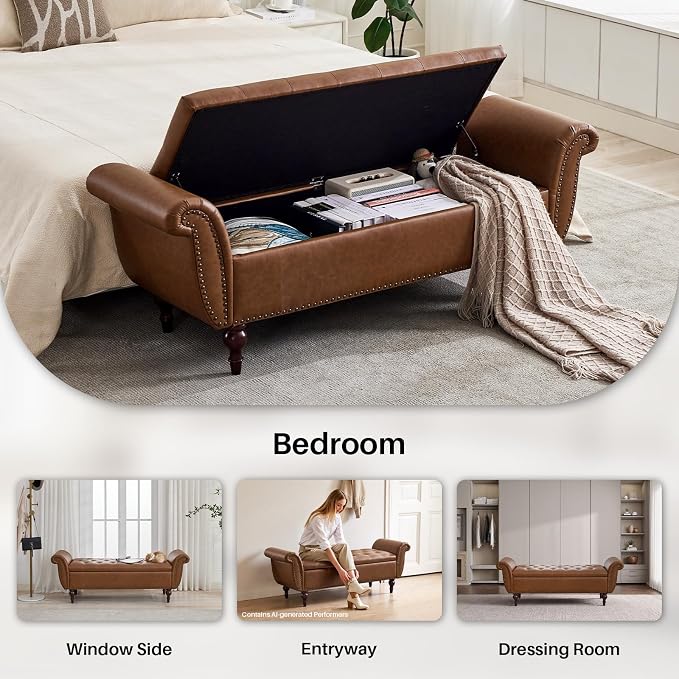63.8" Storage Bench For Bedroom Faux Leather End Of Bed Bench With Storage | Upholstered Ottoman Foot Rest With Rolled Arms For Bedroom Living Room Holds Up To 700 Lb Brown