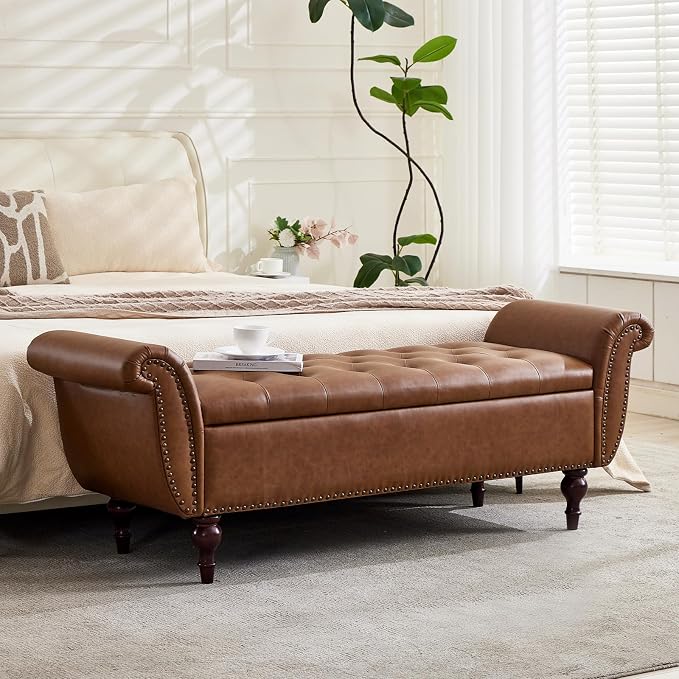63.8" Storage Bench For Bedroom Faux Leather End Of Bed Bench With Storage | Upholstered Ottoman Foot Rest With Rolled Arms For Bedroom Living Room Holds Up To 700 Lb Brown