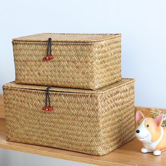Moosky Wicker Shelf Baskets with Lid,Natural Seagrass Storage Basket Boxes Handwoven Rectangular Baskets Bins Multipurpose Home Organizer Decor (Large+Medium+Small)