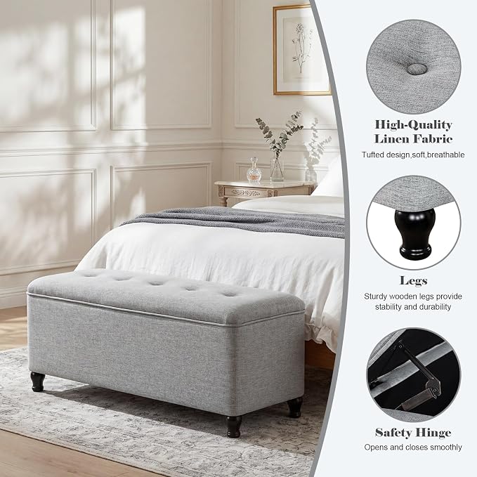 Homebeez 41" Linen Storage Ottoman Bench with Button Tufted Top & Wooden Legs, Upholstered Storage Bench for Bedroom, Entryway, Living Room