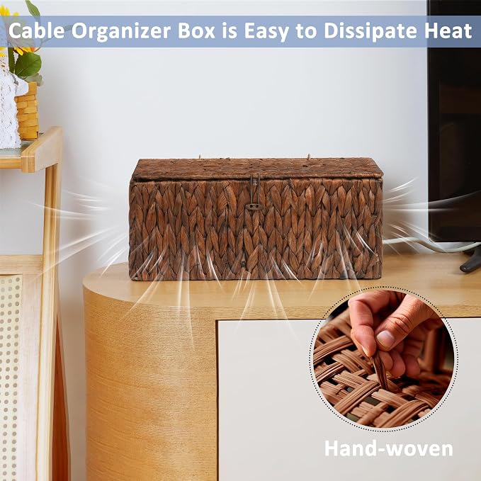 efluky 2 Pack Water Hyacinth Floor Cord Covers with Lid, Hand-Woven Cable Management Box, 2 Open Slots Cord Box to to Hide USB Wire, Power Strip & Charger for Home & Office and Dorm, Brown