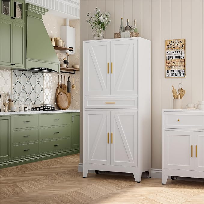 Bevivog 71" Kitchen Pantry Cabinet, Metal Storage Cabinet with Drawer, 2 Doors and 4 Adjustable Shelves Cabinet for Home Office Laundry Living Room Farmhouse White Metal Pantry