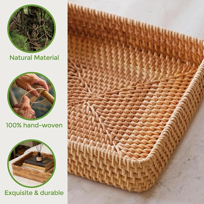 Large Rattan Serving Tray, Rectangle Wicker Storage Basket for Organizing | L(15.7" × 11"), Natural Rattan, Decorative Woven Tray Wicker Basket for Storage, Home Decor, Bathroom