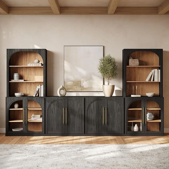 BELLEZE 6-Piece Modular TV Stand Set - 2 Double-Arc Wood Door Sideboards, 2 Arched Glass Door Sideboards, 2 Hutch Cabinets, Classic Modern Media Console with Adjustable Shelves for Living Room, Ebony
