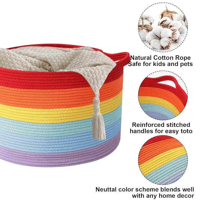 90L Large Blanket Basket,Rope Woven Laundry Basket-Rainbow | Collapsible, reinforced handles, nursery storage bin organizes clothes, toys and pillows for living room, bedroom bathroom