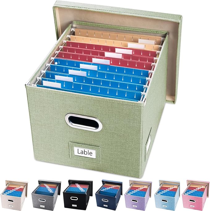 File Organizer Box - Set of 1 Collapsible Decorative Linen Filing Storage Hanging File Folders with Lids Office Cabinet Letter/Legal Green (17x14x11.2 inch)