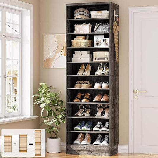 Aheaplus Tall Shoe Cabinet, 10 Tiers Narrow Wood Shoe Rack, Shoe Storage Organizer with Open Storage, Vertical Shoe Shelf Tower for 20-22 Pairs, Space Saving, for Closet, Entryway, Bedroom, Black Oak