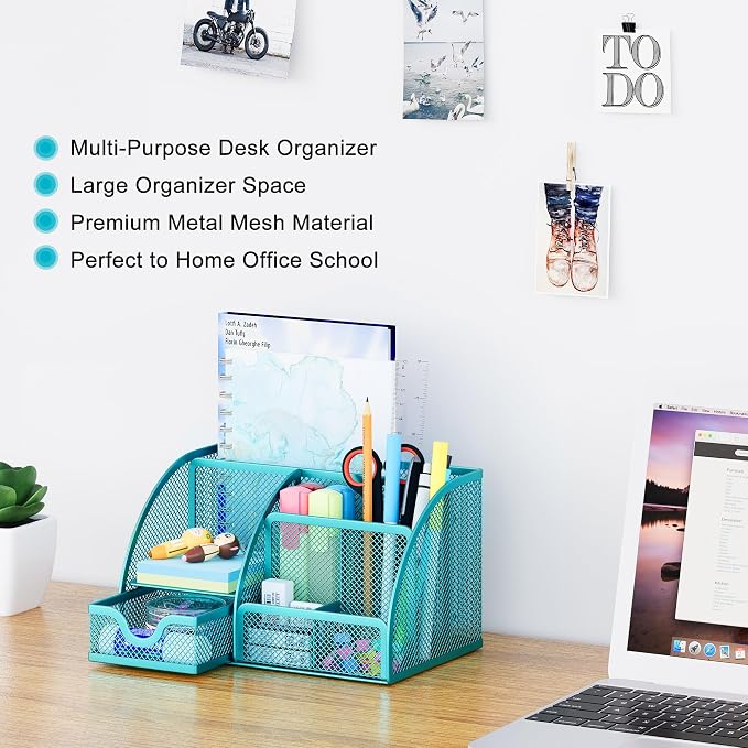 EasyPAG Mesh Desk Organizer with Drawer Multi-functional Pen Holder Stationery Organizer for Office School Supplies 6 Compartments Dorm Organizers and Storage for Desk, Blue